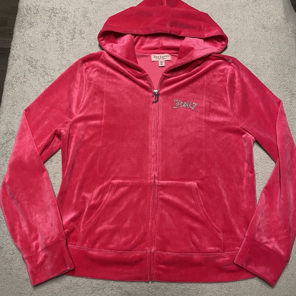 Juicy Couture Velour Hoodie XL Pink Studded Bedazzle Y2K Zip